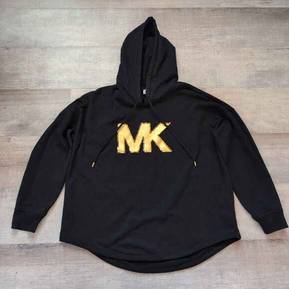 Michael Kors Black and Gold Sequin MK Logo Hooded Sweatshirt Size L - Picture 1 of 7
